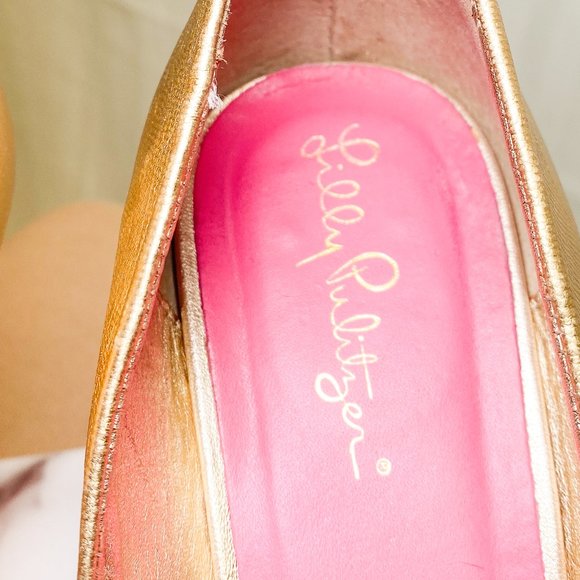 Lilly Pulitzer Sexy Gold Glam Heels Resort Chic Wedge Women's Statement Shoe 10 - Picture 9 of 13